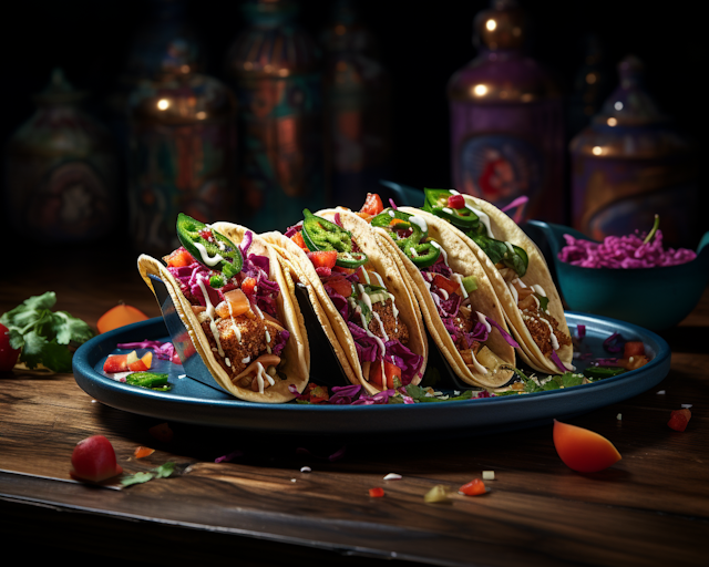 Crispy Protein Tacos with Colorful Fresh Toppings on Blue Plate