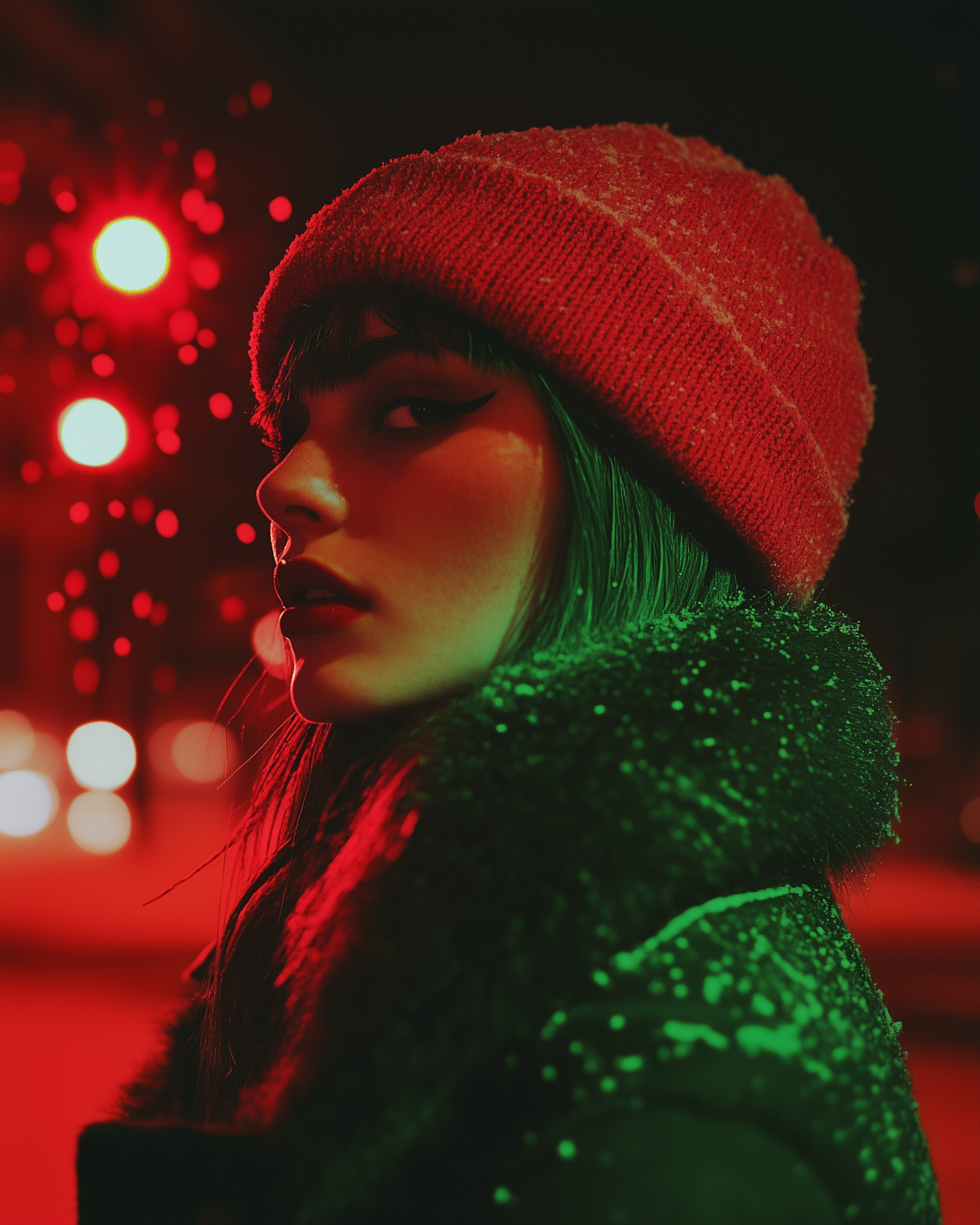 Contemplative Portrait with Red and Green Lighting