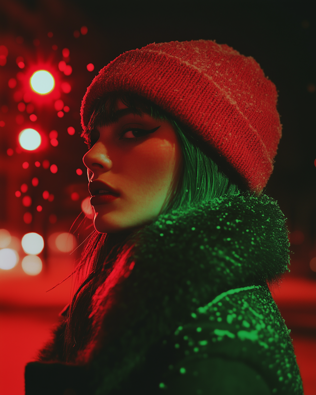 Contemplative Portrait with Red and Green Lighting