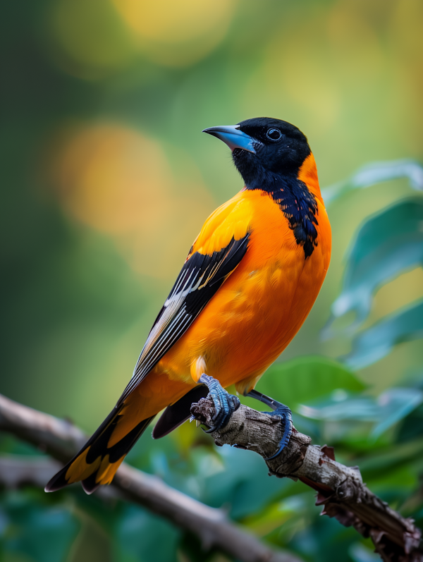 Alert Orange-Plumaged Bird on Branch