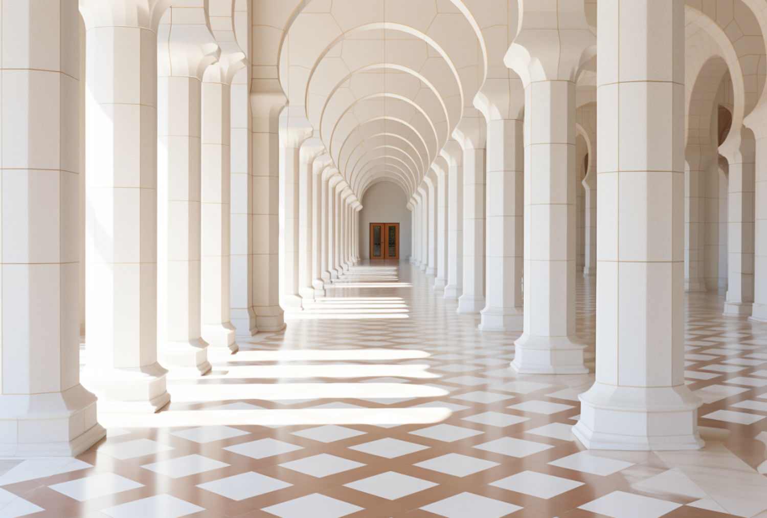 Symmetric Archway Corridor with Sunlit Patterns