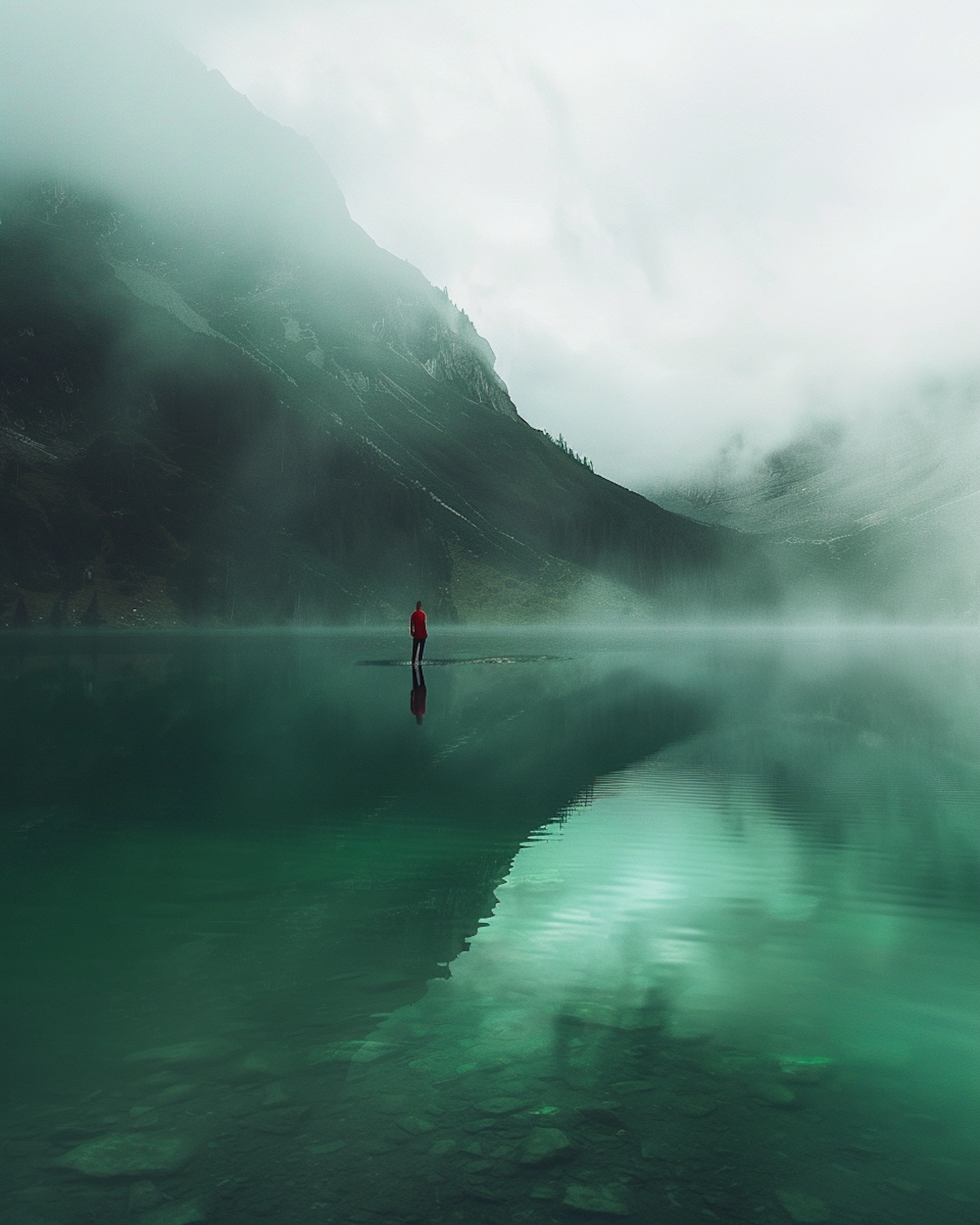 Solitary Figure by a Reflective Mountain Lake