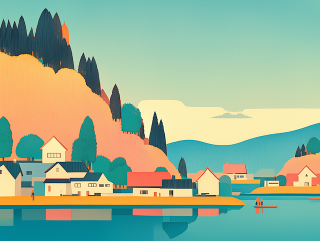 Serene Stylized Landscape with Houses