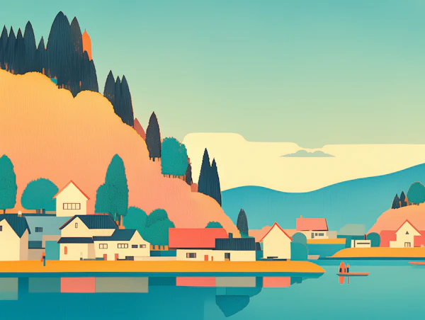 Serene Stylized Landscape with Houses