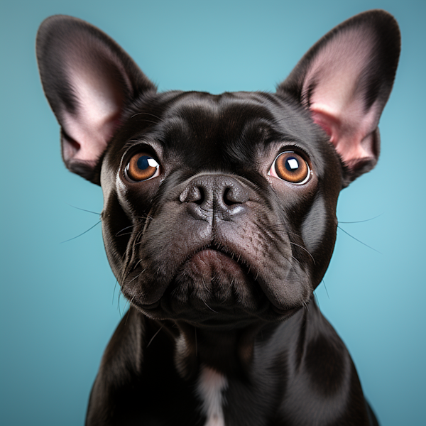 Curious Amber-Eyed French Bulldog with a Blue Backdrop