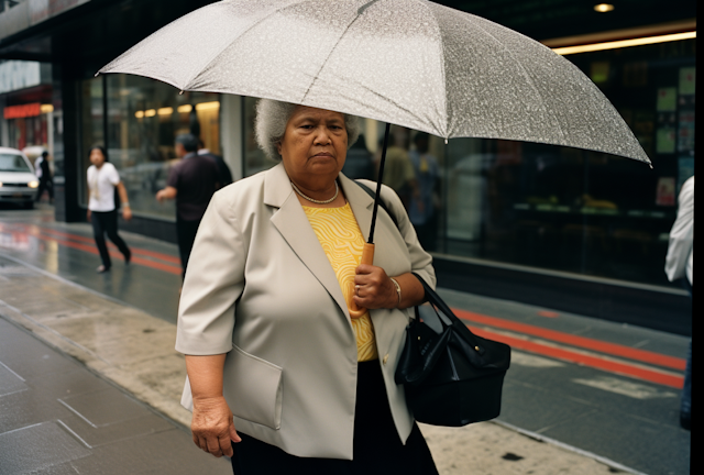 Businesswoman with Umbrella on a Rainy City Street