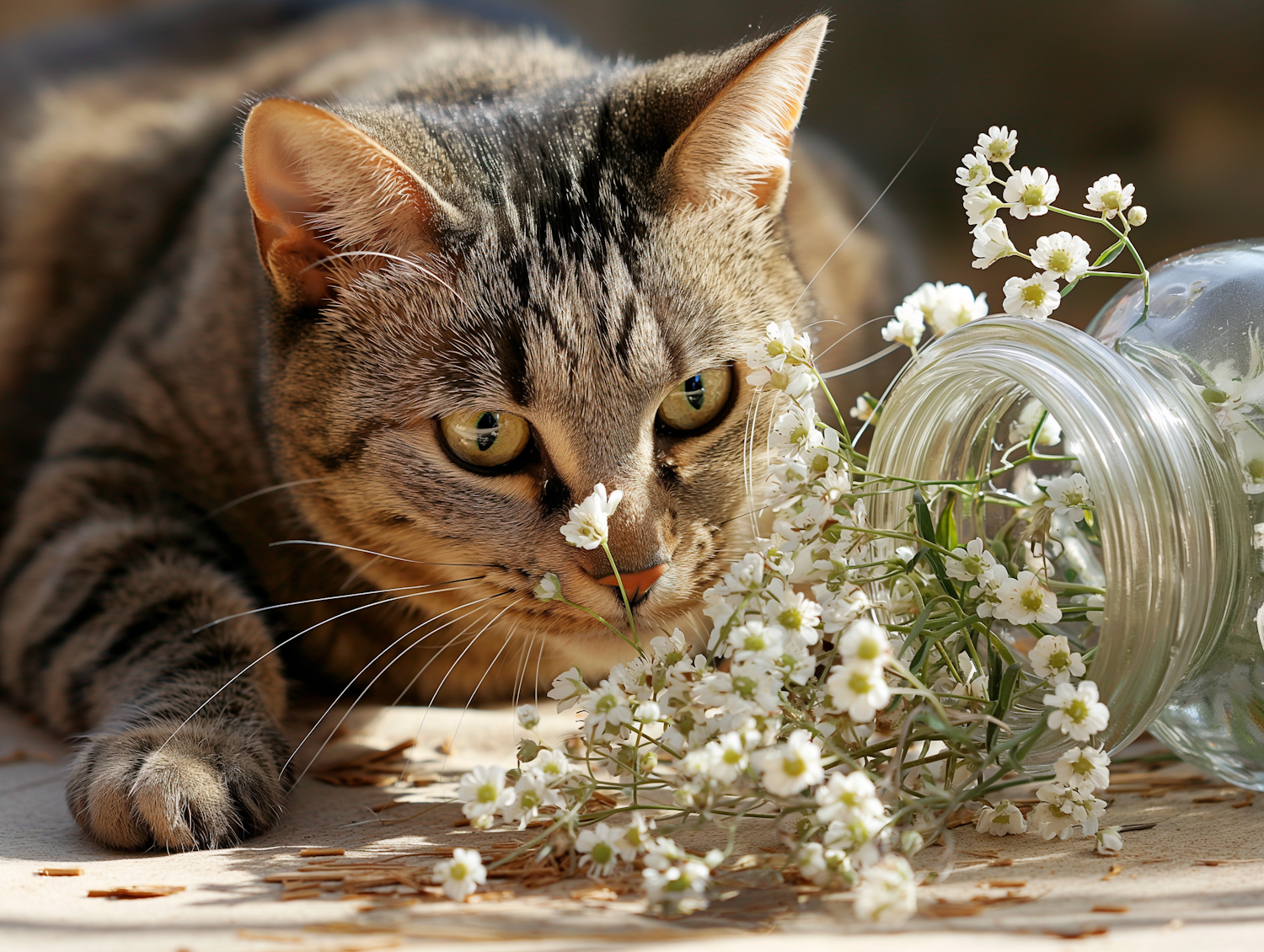 Tabby Cat Amongst White Flowers