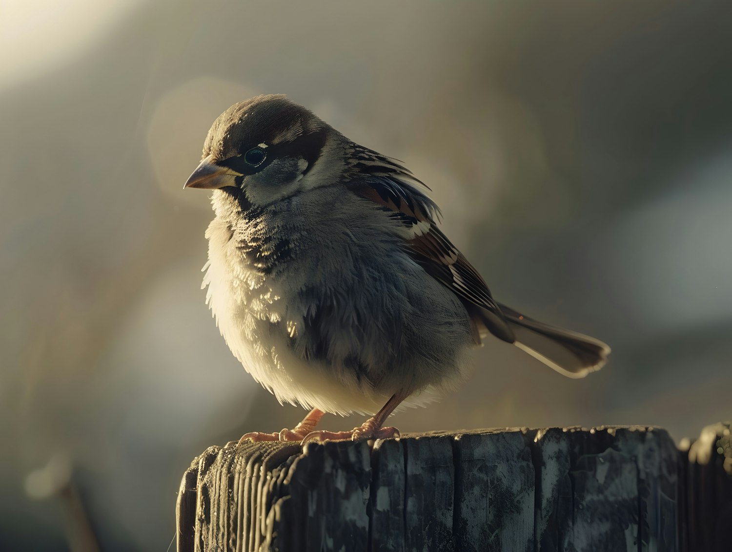 Sparrow on Wooden Post