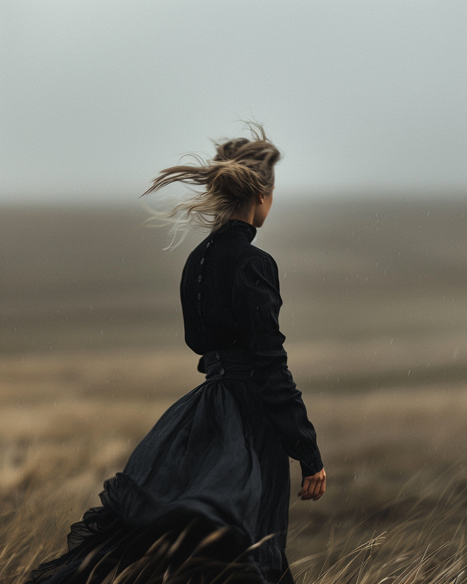 Solitary Woman in Windy Field