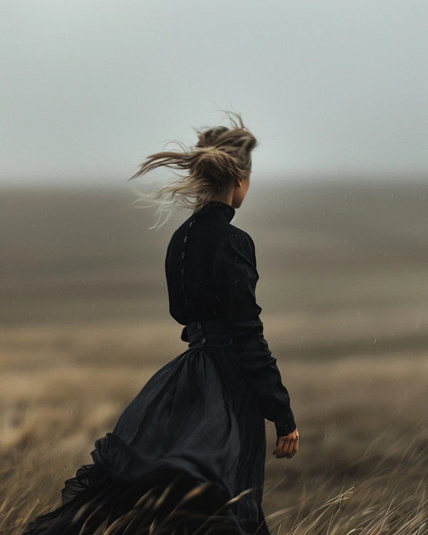 Solitary Woman in Windy Field