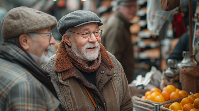 Joyful Elderly Friends at Outdoor Market