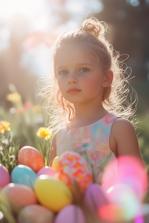 Girl in Flower Field with Easter Eggs