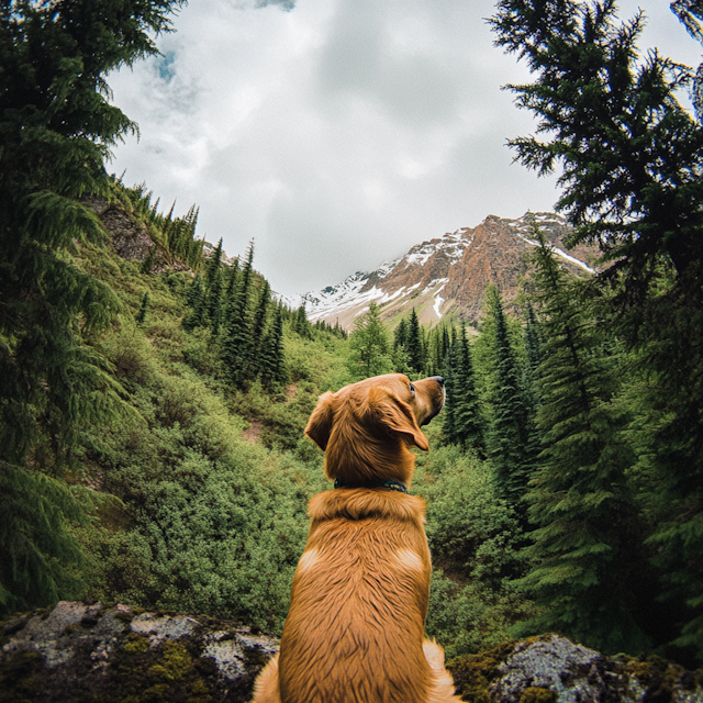 Golden Retriever in Mountainous Landscape