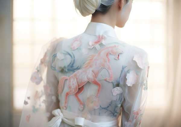 Ethereal Asian Elegance with Coral-Pink Horse Motif