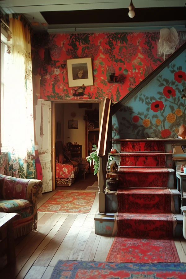 Eclectic Interior with Floral Wallpaper