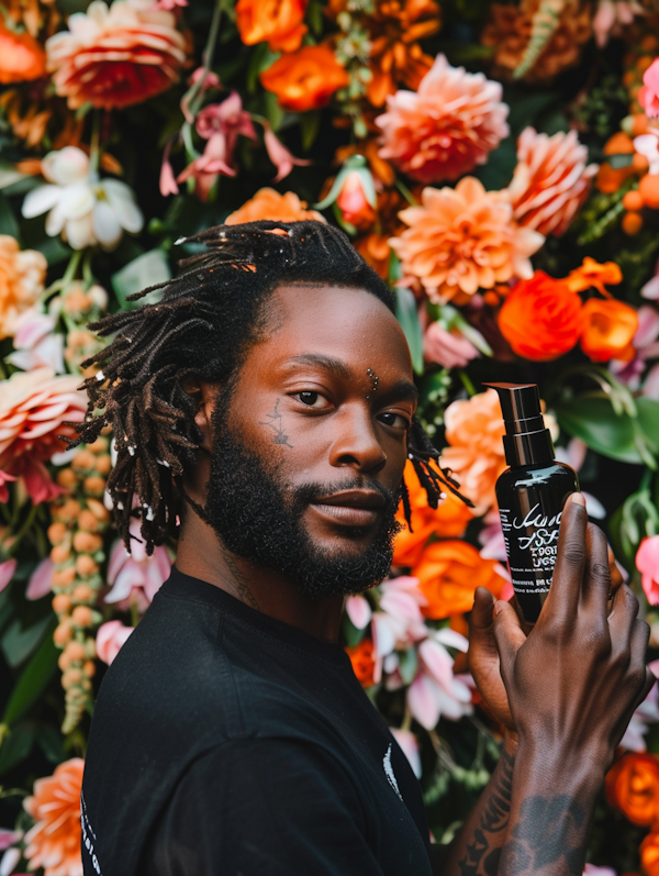 Man with Product Amidst Floral Backdrop