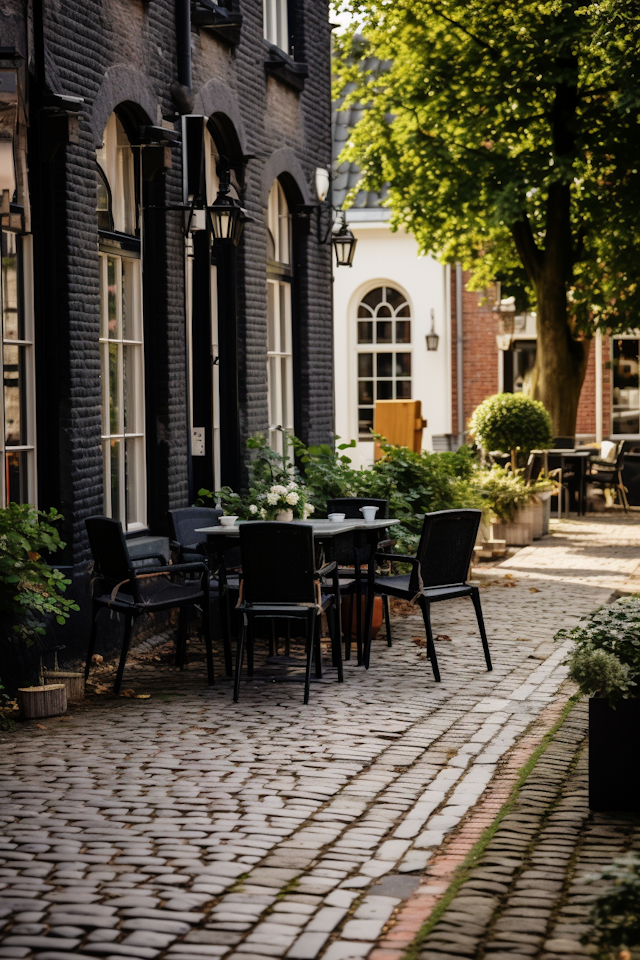 Tranquil Afternoon at the European-Style Brick Patio Cafe