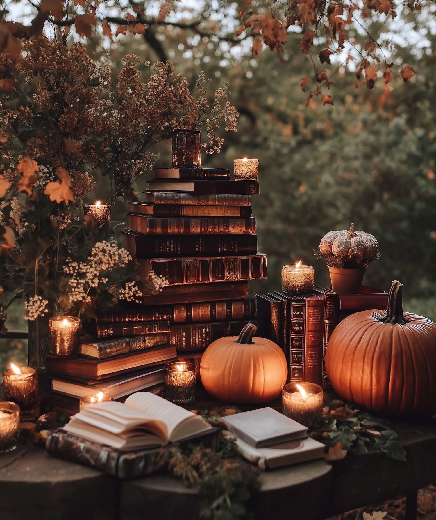 Cozy Autumnal Scene with Books and Candles