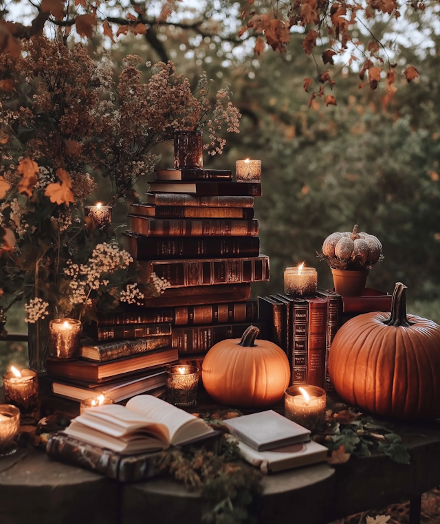 Cozy Autumnal Scene with Books and Candles