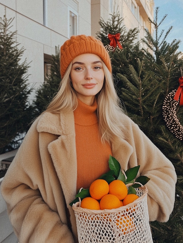 Woman with Oranges in Festive Setting