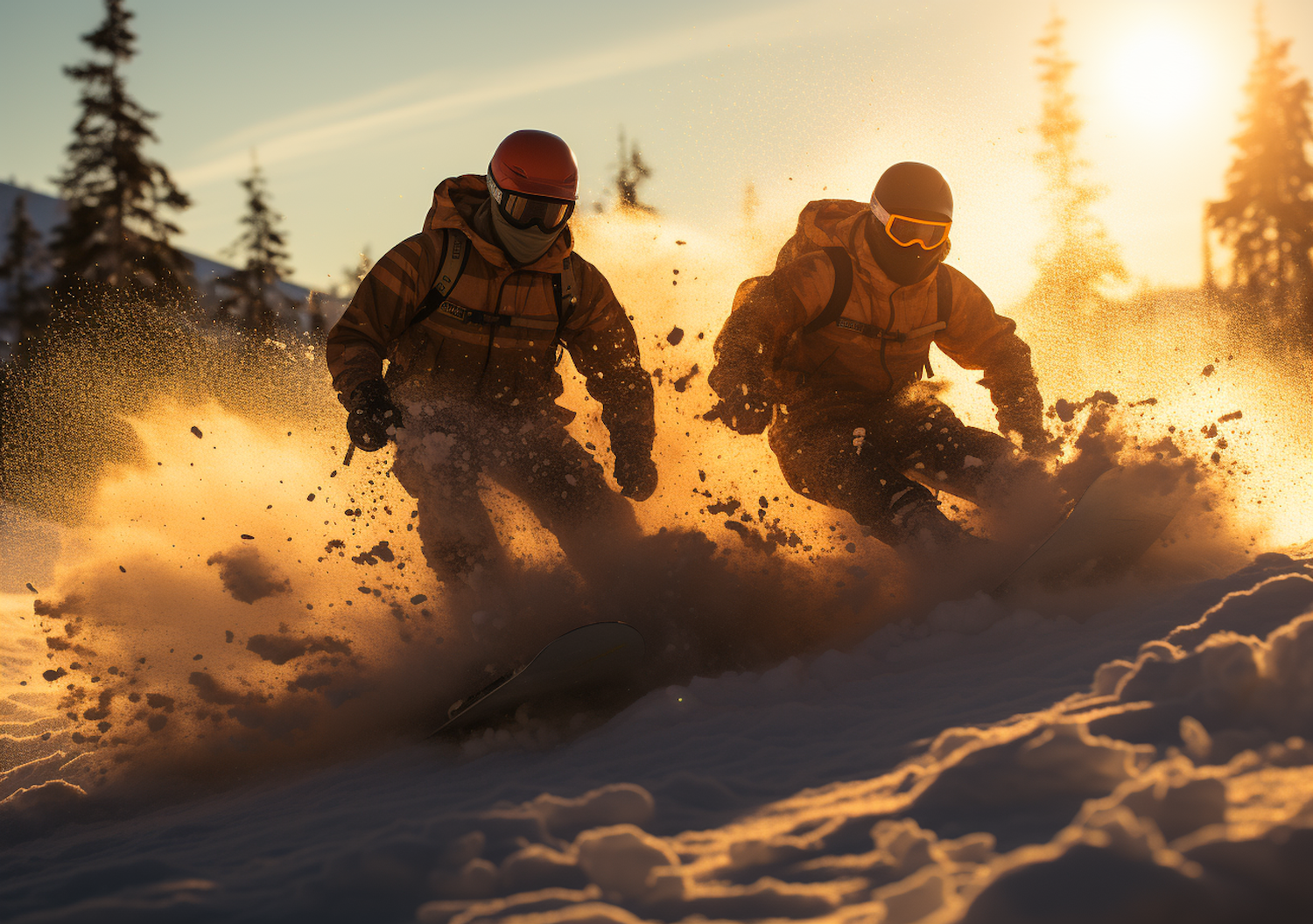 Golden Hour Snowboarders in Sync