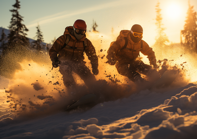 Golden Hour Snowboarders in Sync