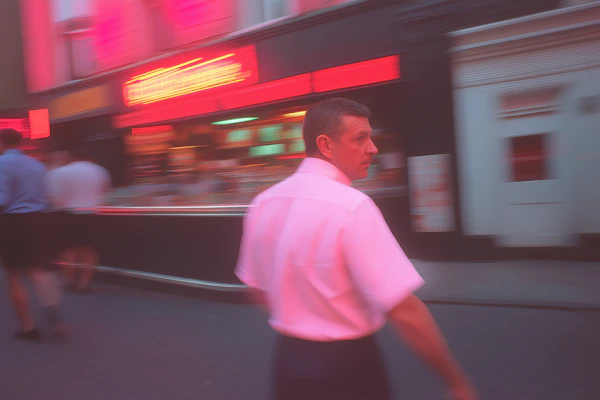 Man Walking Through Neon-Lit Street