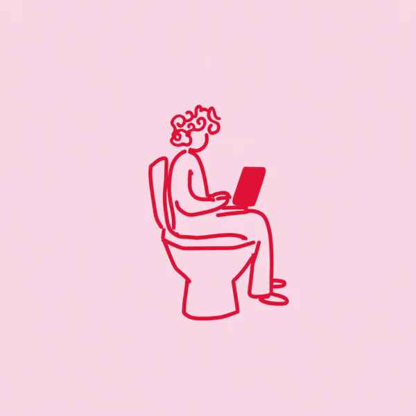 Minimalist Line Drawing of Person on Toilet with Laptop