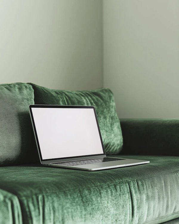 Laptop on Velvet Sofa