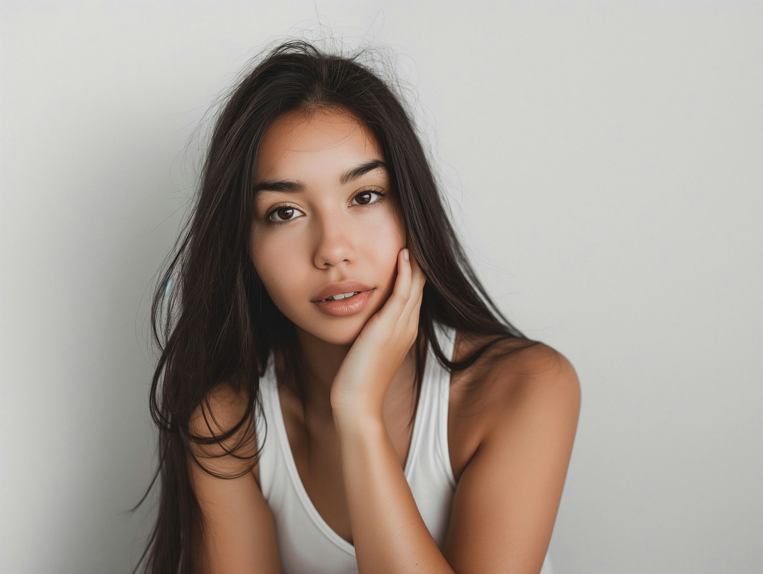 Contemplative Young Woman with Neutral Tones