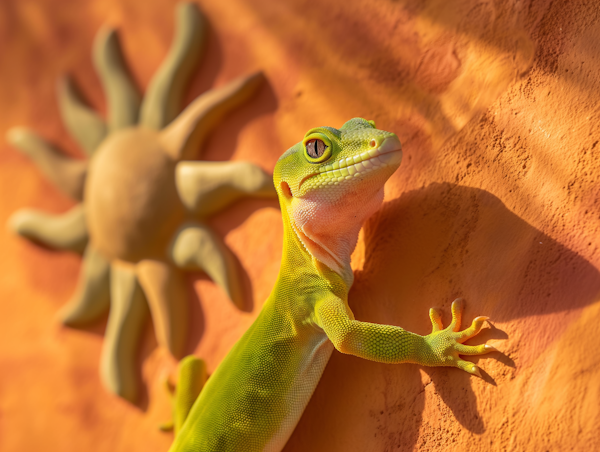 Vivid Green Gecko on Orange Wall