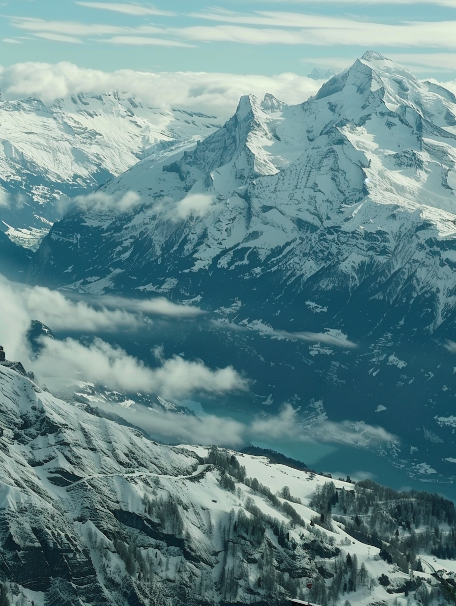 Snow-covered Mountain Peaks and Clouds