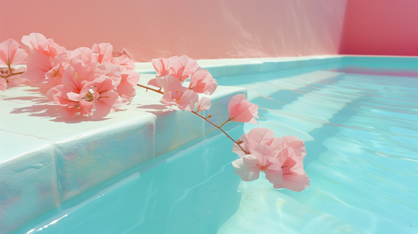 Pink Bougainvillea Blossoms on Turquoise Pool