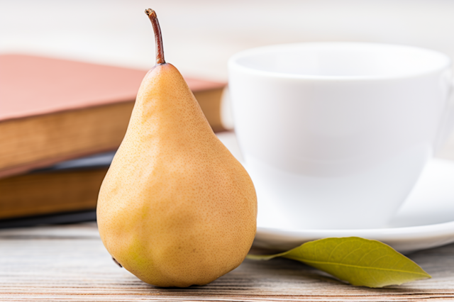 Golden Pear Still Life with White Cup and Book