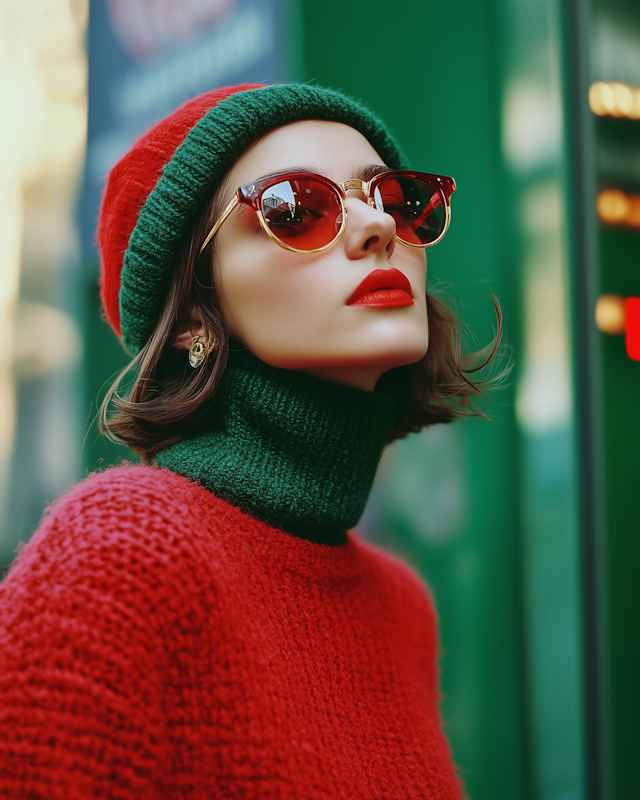 Stylish Individual in Red and Green Knit Outfit