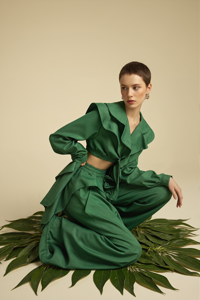 Person in Green Outfit on Leaves