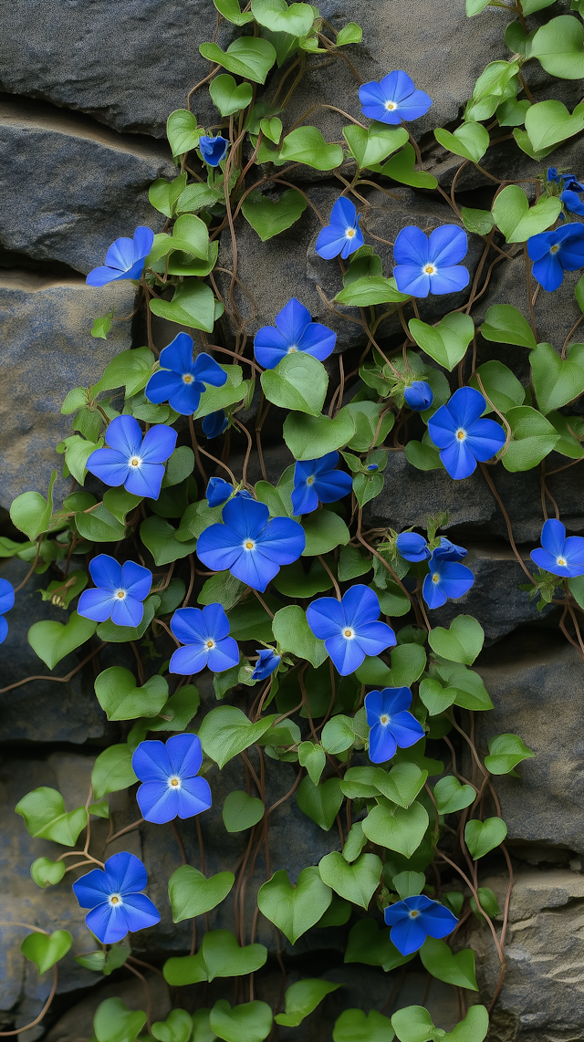 Blue Morning Glories Against Gray Stones