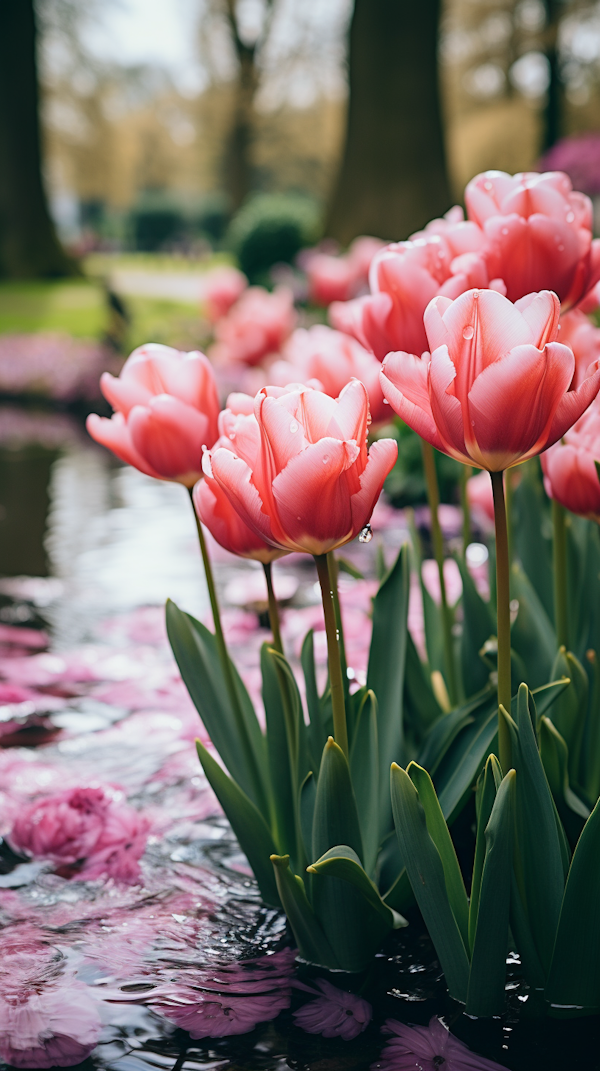 Dew-Kissed Springtime Tulips Reflection