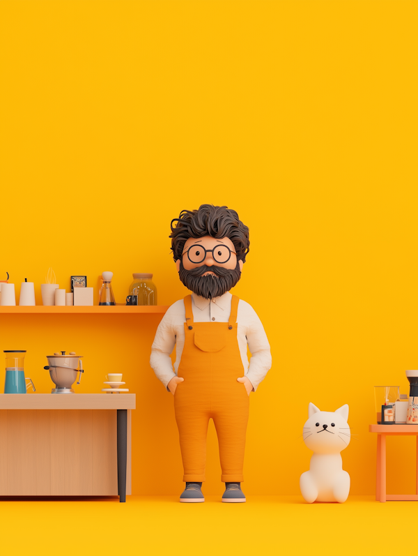 Friendly Bearded Character in Yellow Themed Kitchen