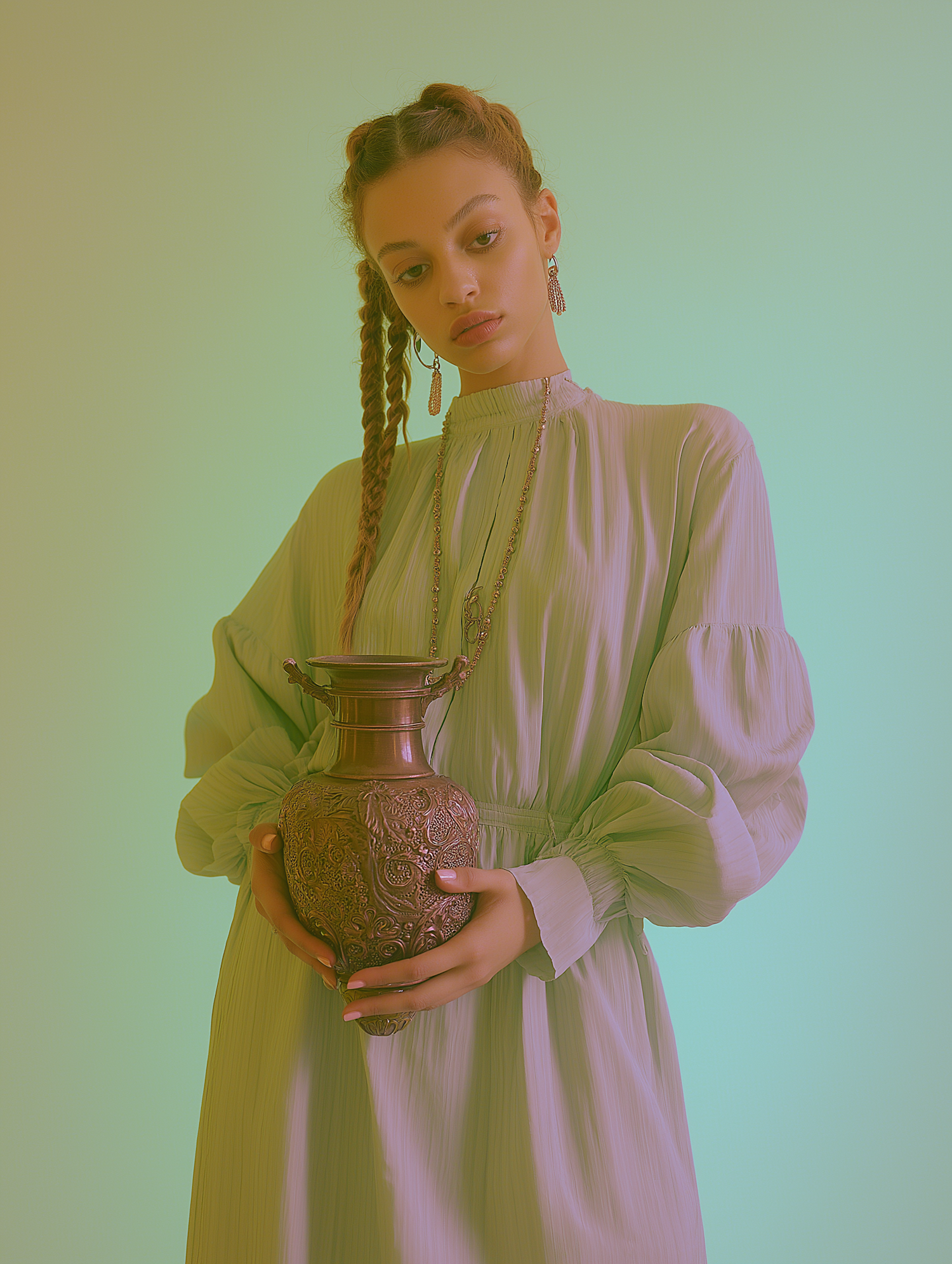 Serene Portrait of Aquarius Woman with Antique Vase