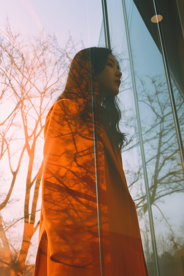 Reflective Woman in Orange Coat