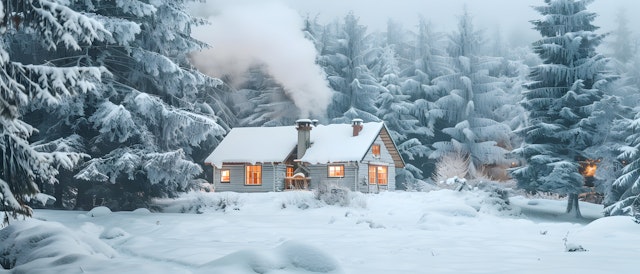 Cozy Cabin in Snowy Forest