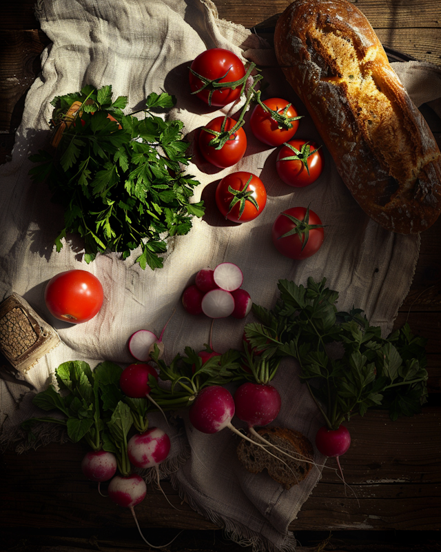 Rustic Produce and Bread Arrangement