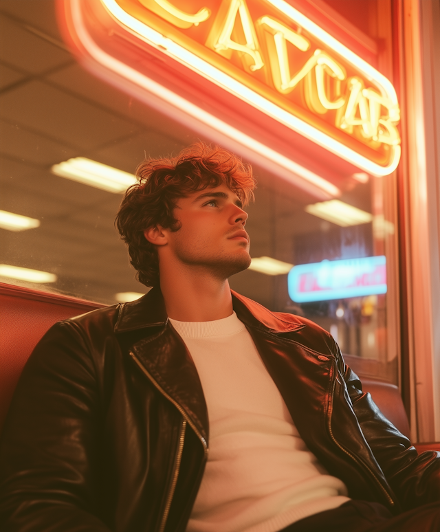 Contemplative Man Under Caviar Neon Sign