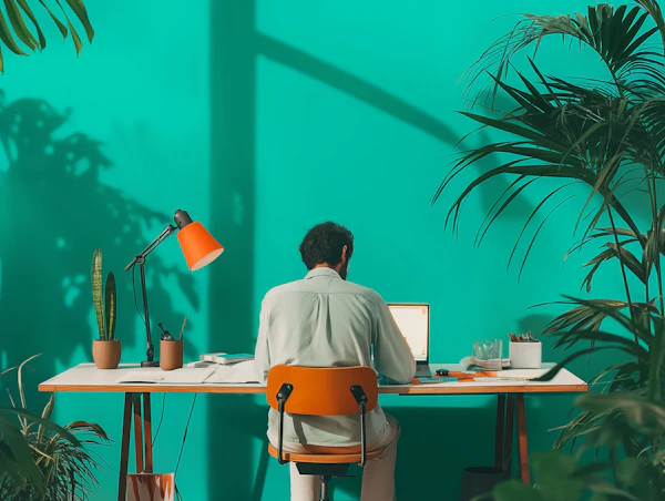 Man at Work in Teal-Lit Modern Office
