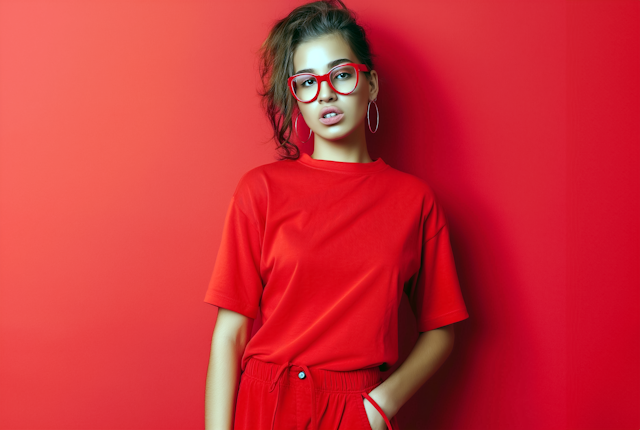 Woman in Monochromatic Red Attire