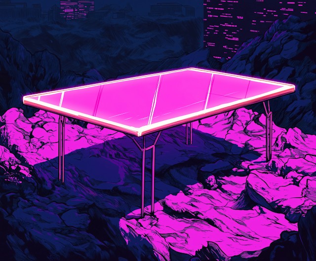 Surreal Neon Pink Sports Court in Rugged Terrain