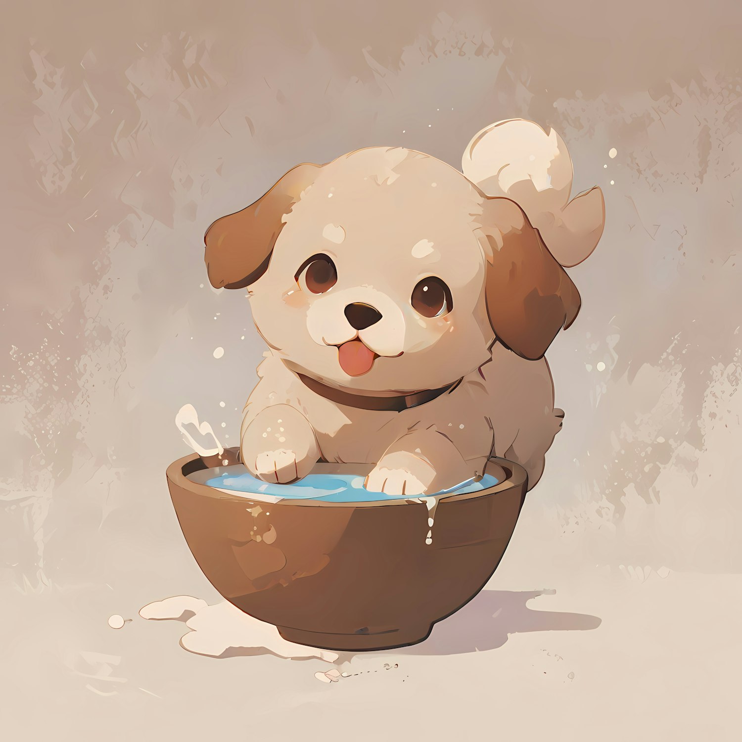 Playful Cartoon Puppy in Water Bowl