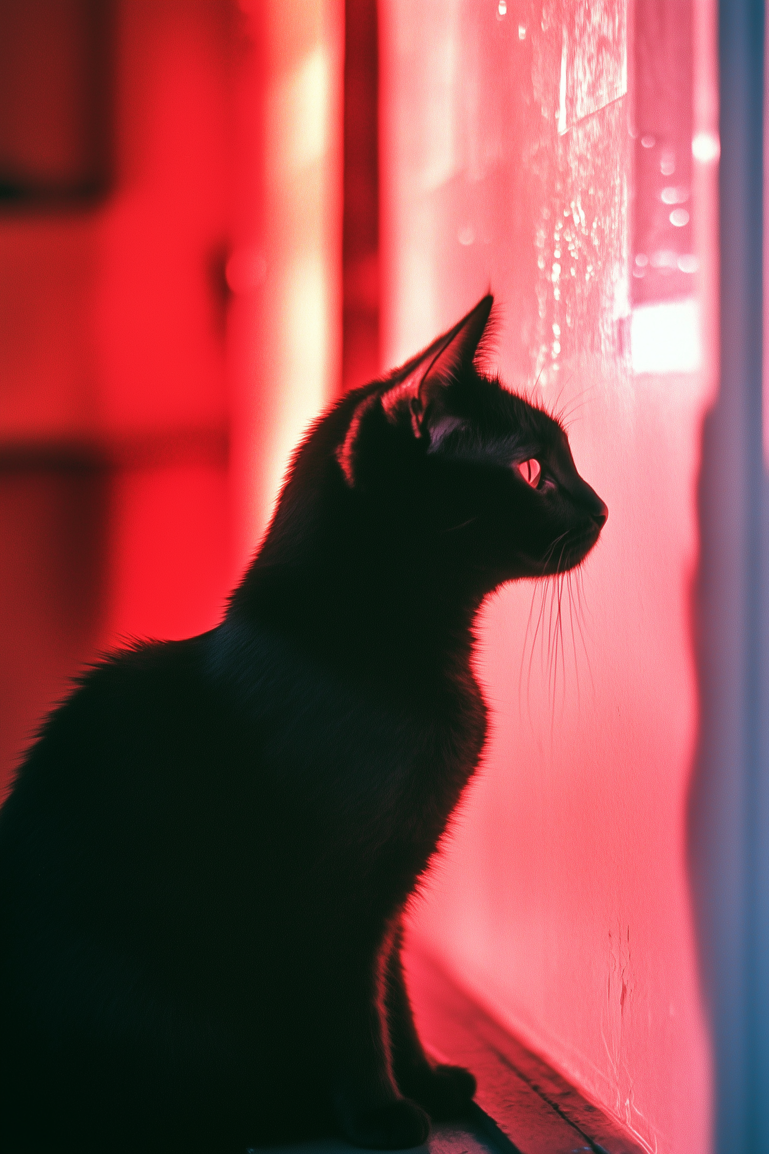 Contemplative Black Cat in Red Light