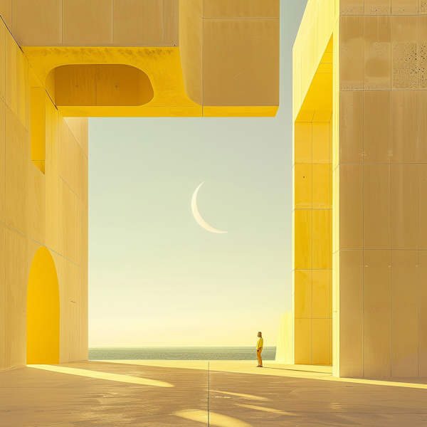 Surreal Architectural Landscape with Crescent Moon